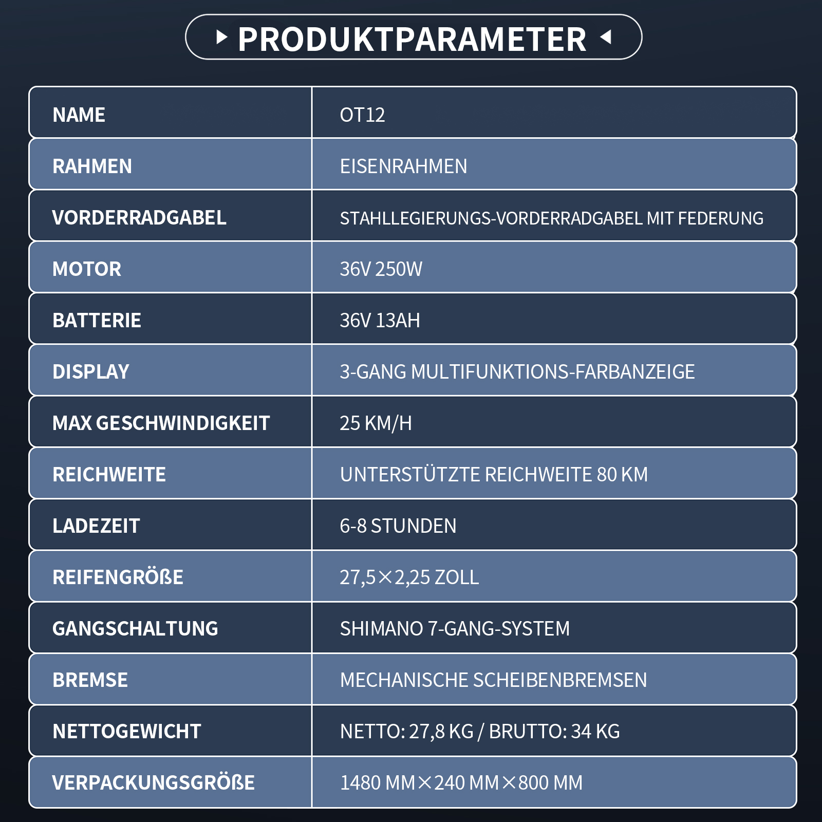 Produktdaten: OT12, Eisenrahmen, 36V 250W Motor, 25 km/h max.