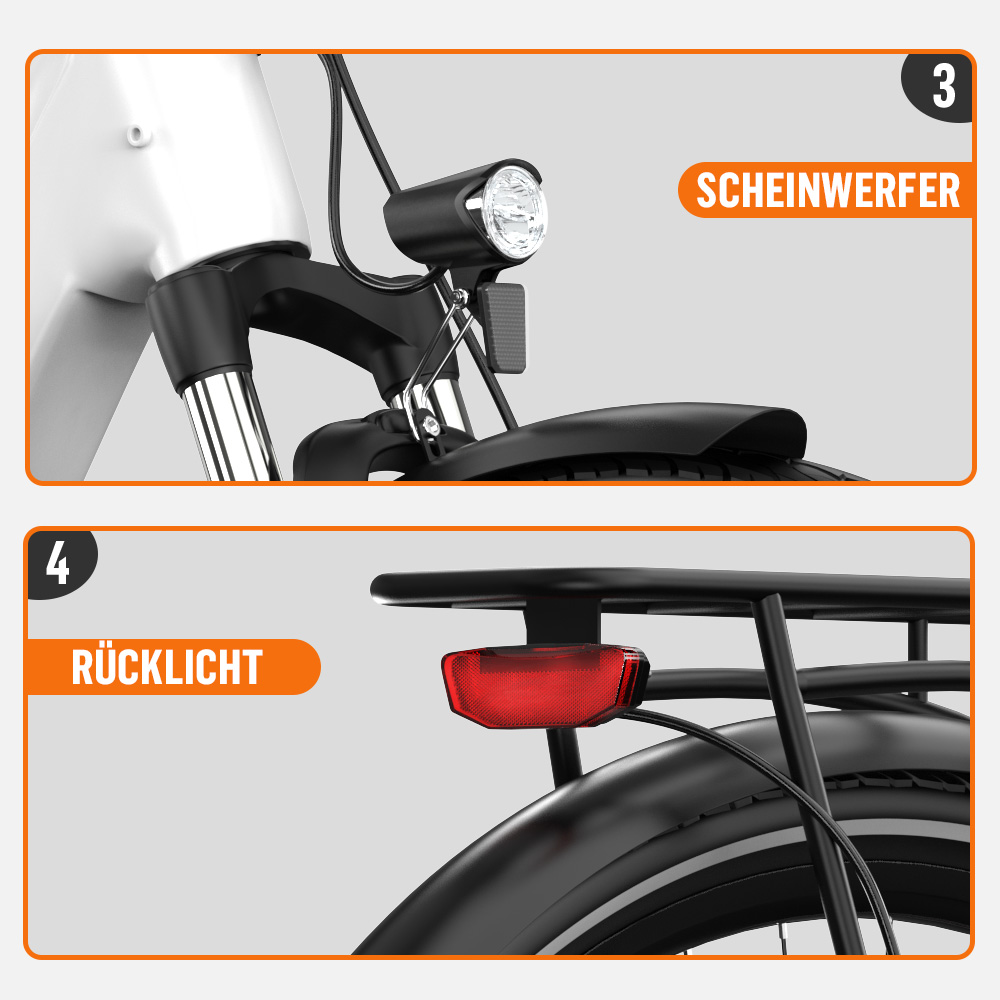 Nahaufnahme des Fahrradscheinwerfers und Rücklichts, im Detail gezeigt.