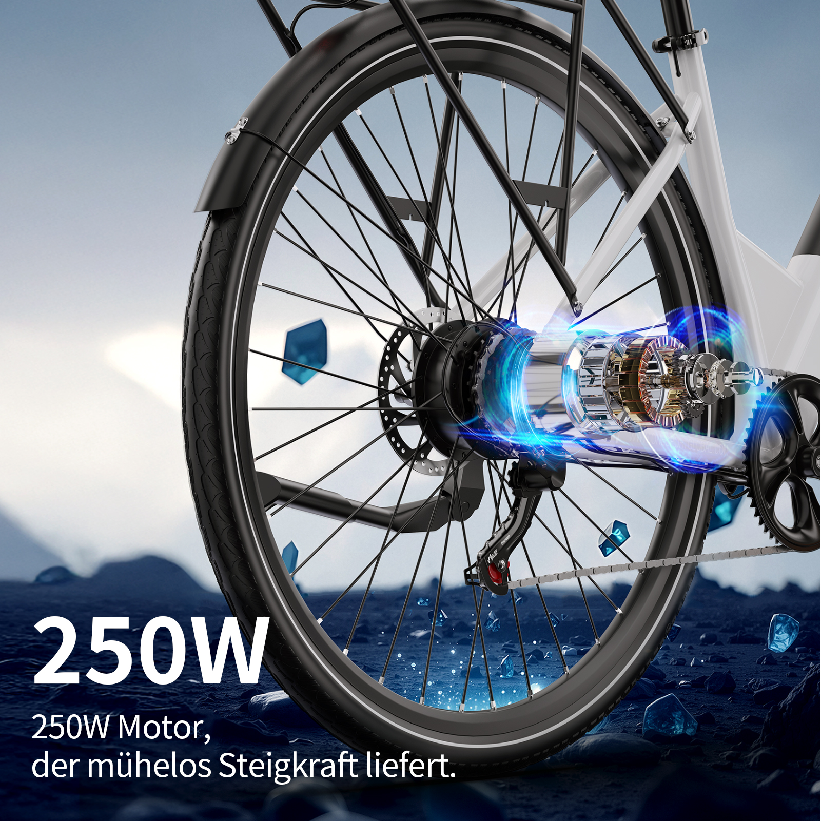 Detailansicht eines E-Bikes mit 250W Motor und leuchtenden Energieeffekten.