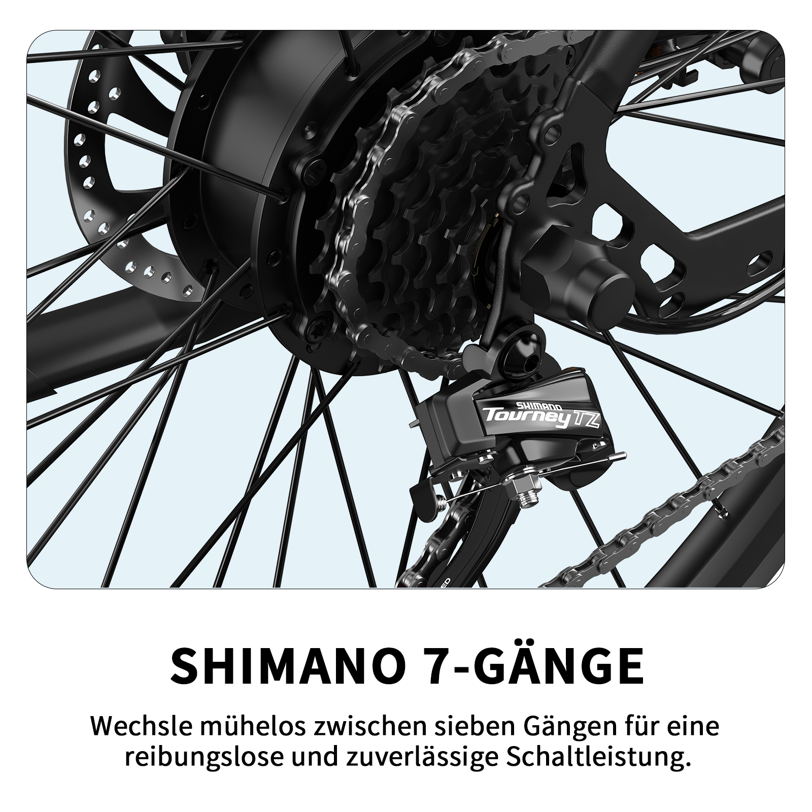 Nahaufnahme der Shimano Tourney TZ 7-Gang-Schaltung an einem Fahrrad.