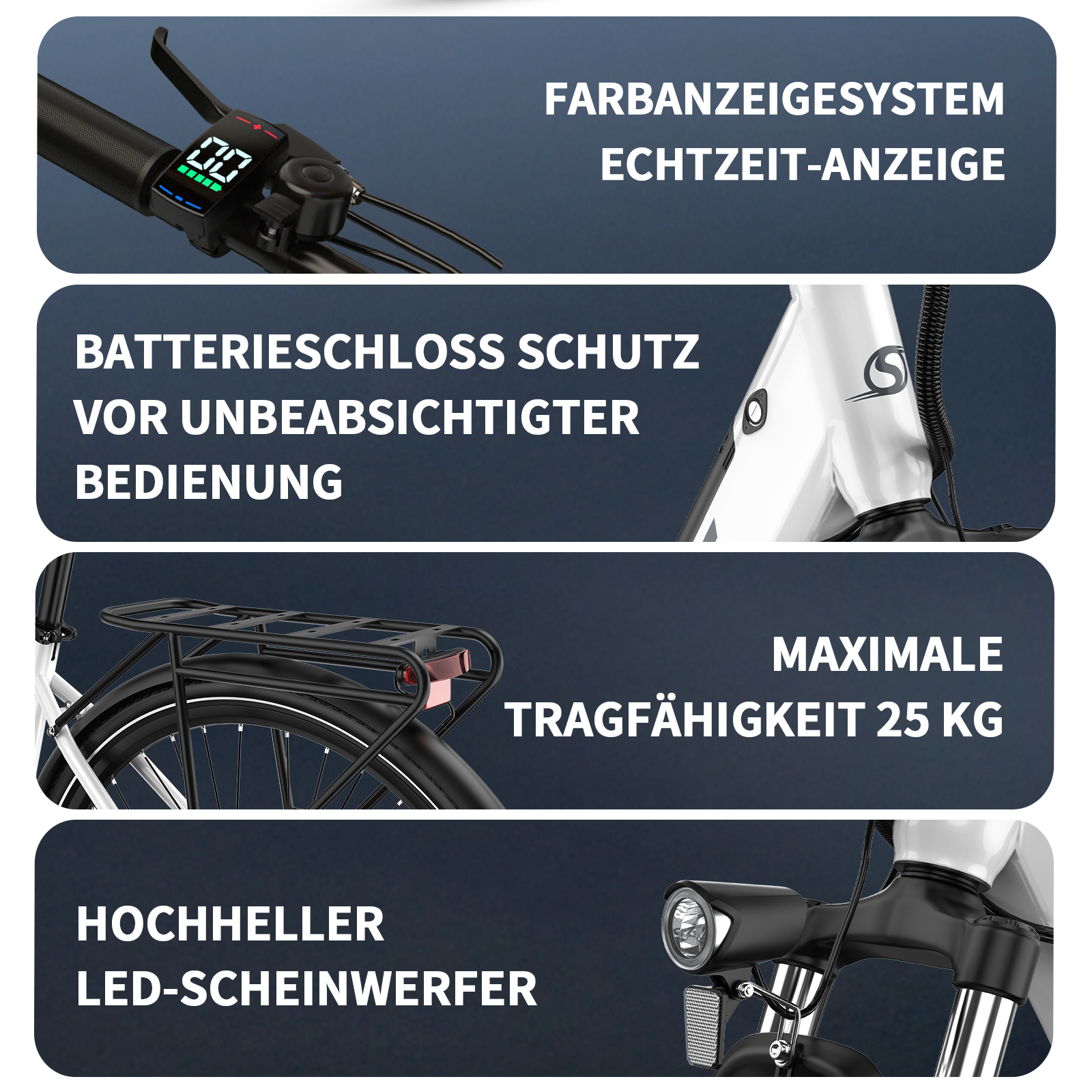 Fahrradanzeige, Batterie, Gepäckträger und Scheinwerfer.