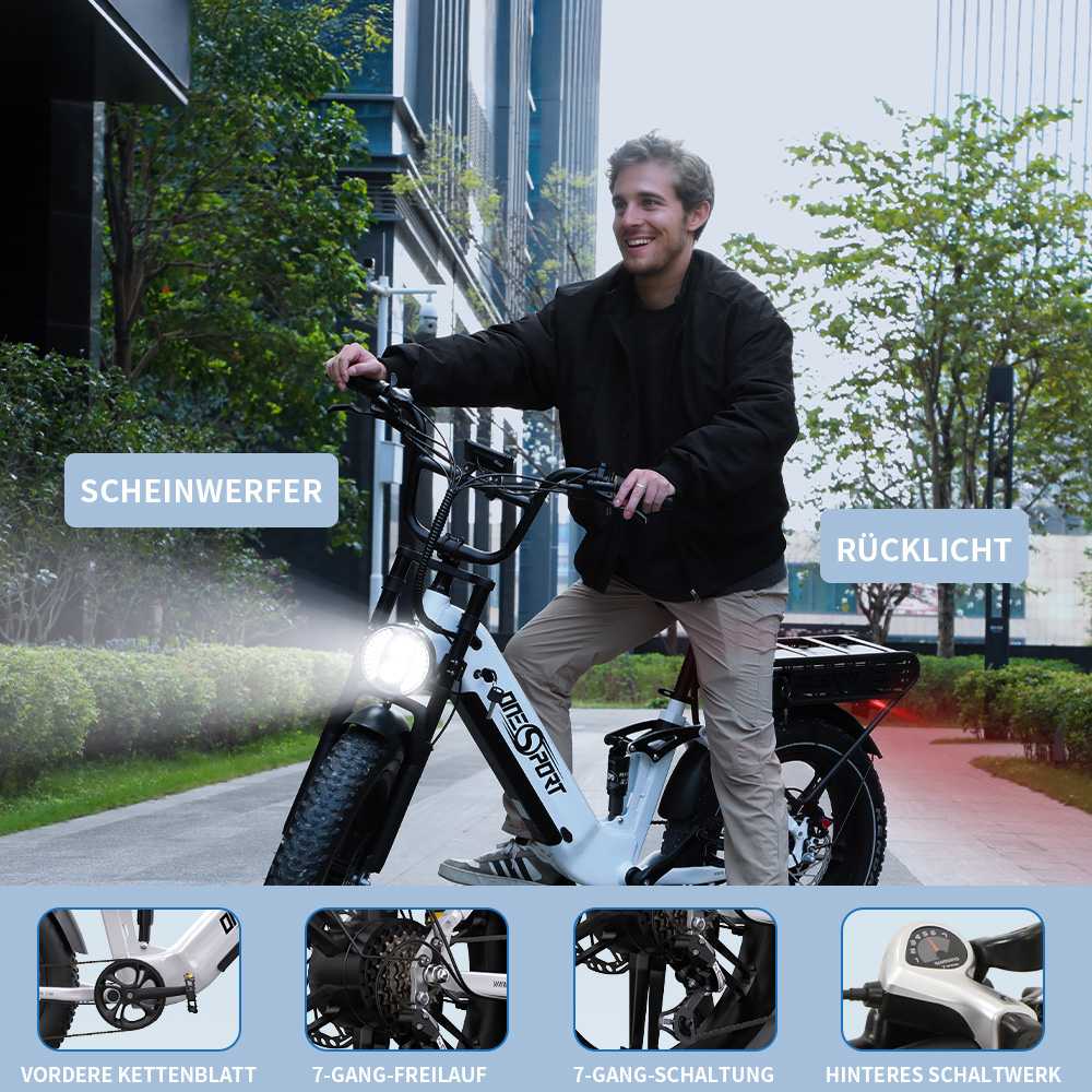 Mann auf weißem E-Bike mit Scheinwerfer und Rücklicht. Details unten.