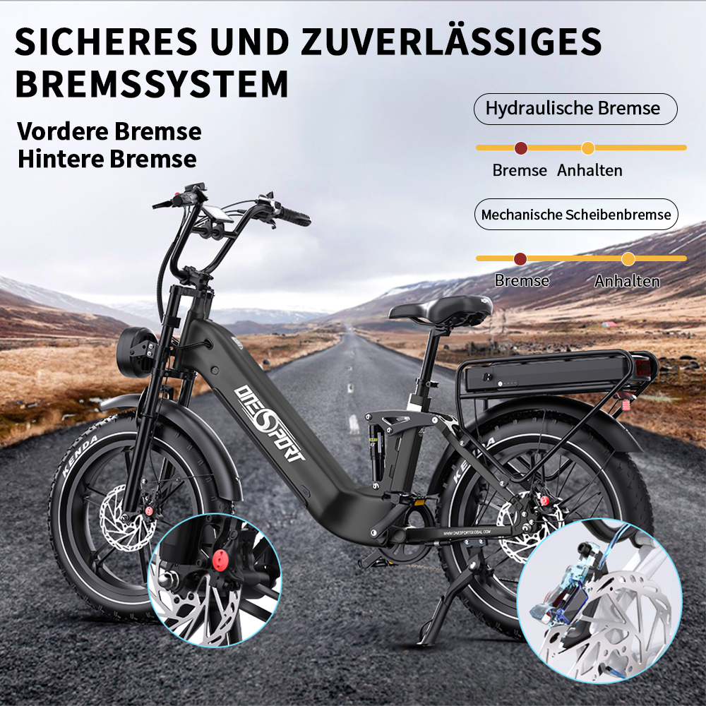 Schwarzes E-Bike auf Straße mit Bergkulisse, Bremsensystem-Details.
