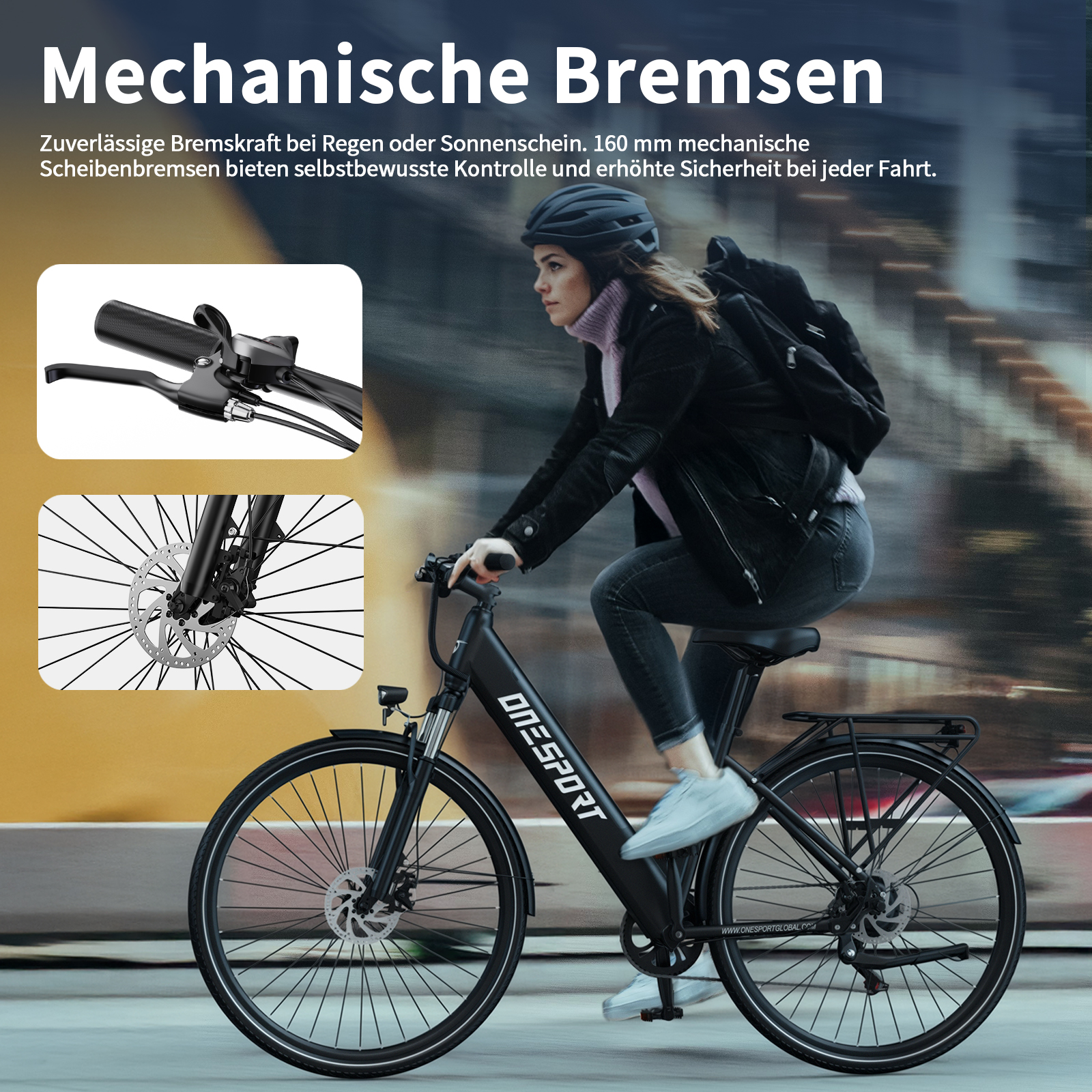 Eine Frau fährt ein schwarzes E-Bike mit mechanischen Scheibenbremsen.