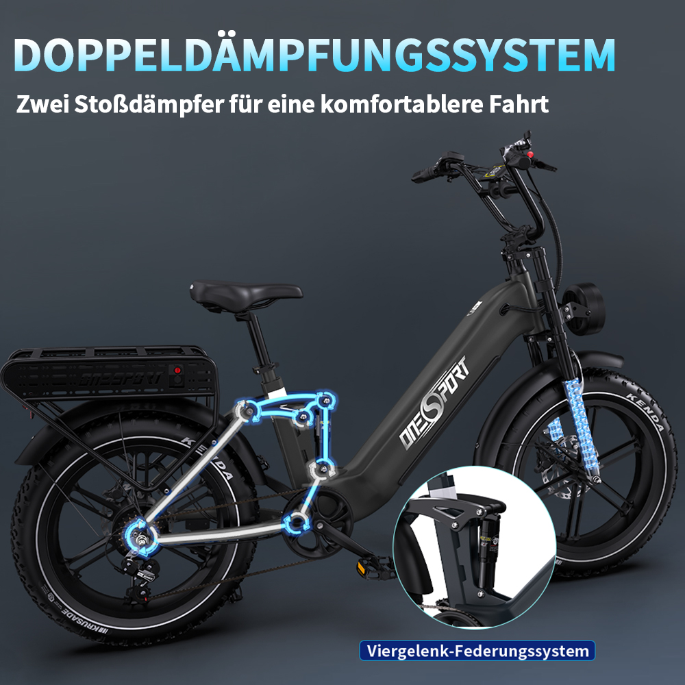 Schwarzes E-Bike mit Doppelfederungssystem und Text-Overlay.