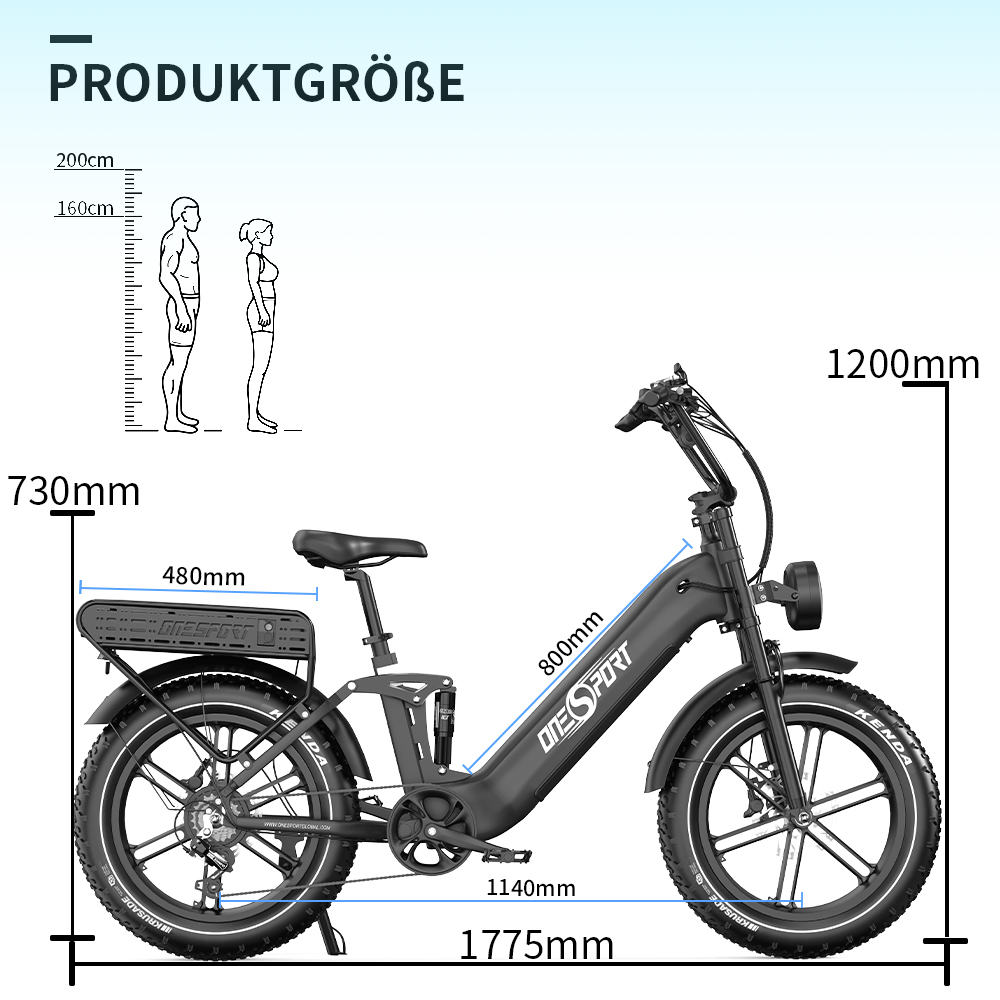 Ein schwarzes E-Bike mit Maßen und Silhouetten von Menschen.