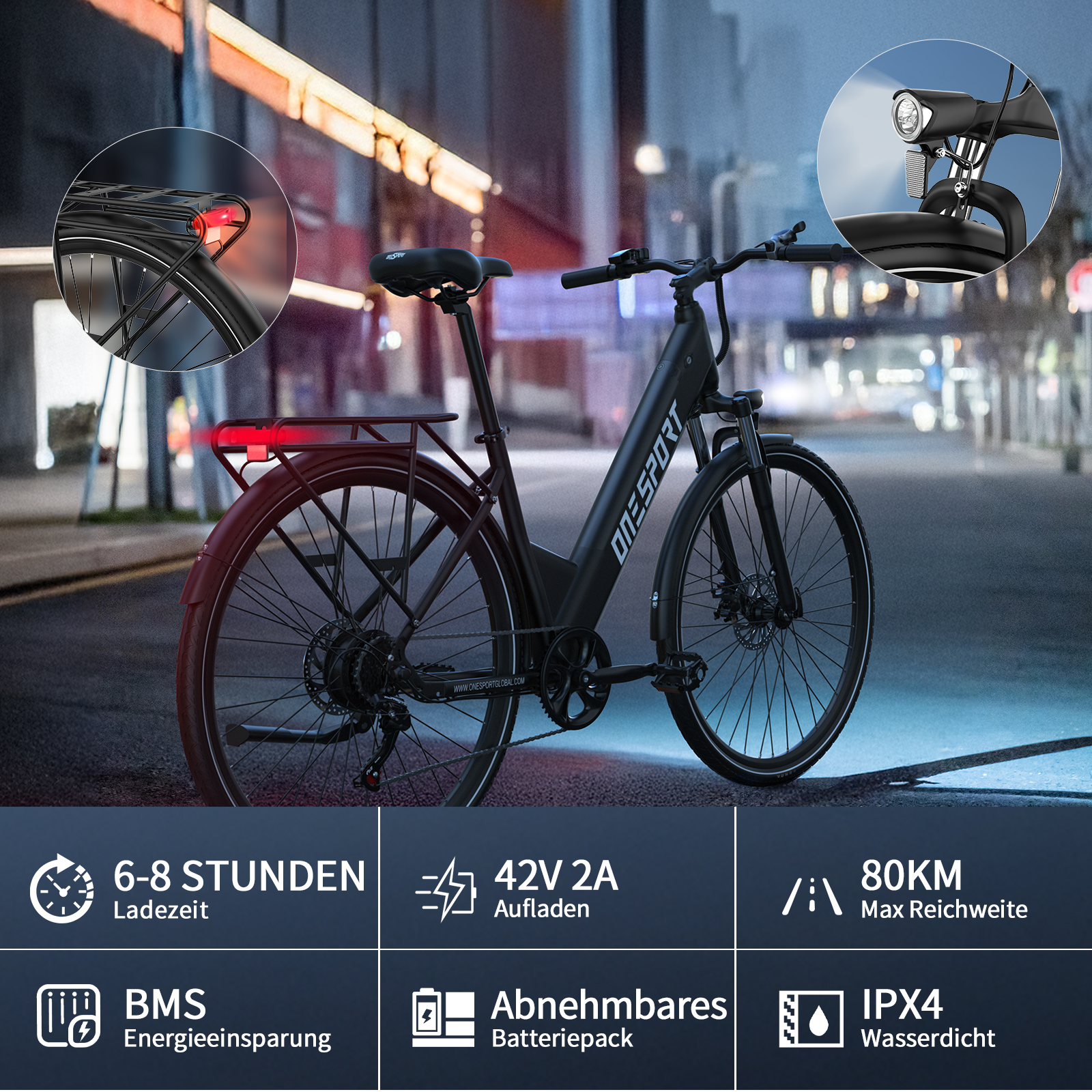 Schwarzes E-Bike bei Nacht auf einer Straße, mit Ladeinfo-Kacheln.