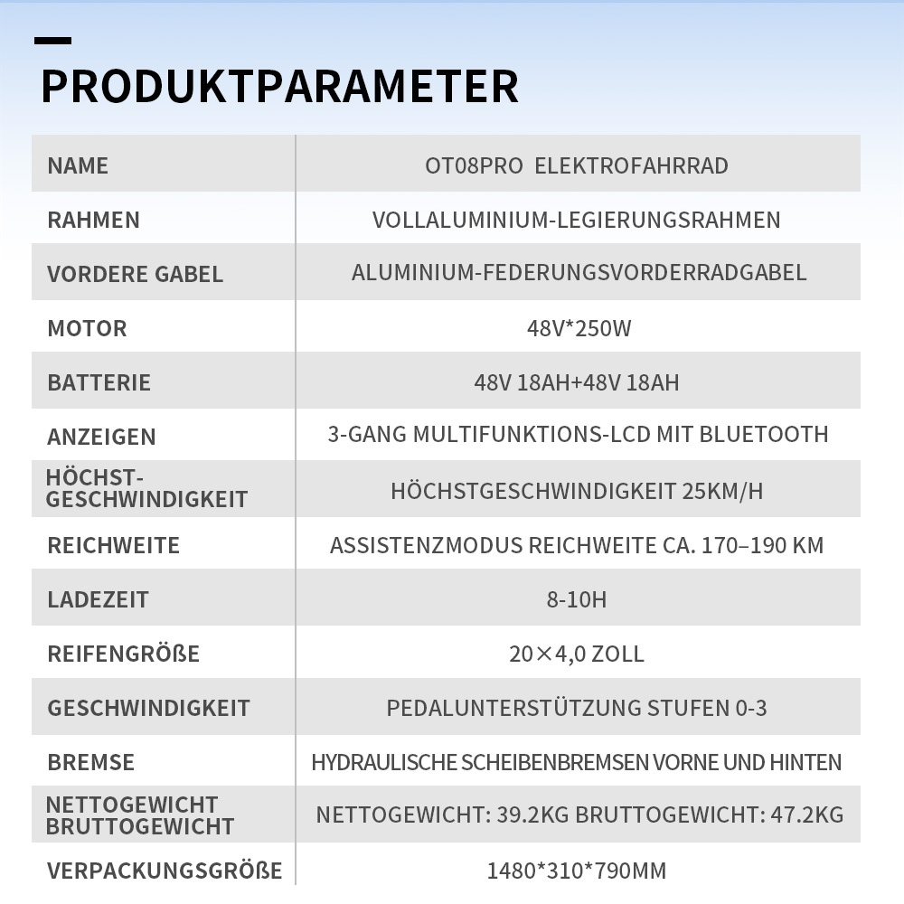 Produktspezifikationen eines Elektrofahrrads: Name, Rahmen, Motor, Batterie, LCD.