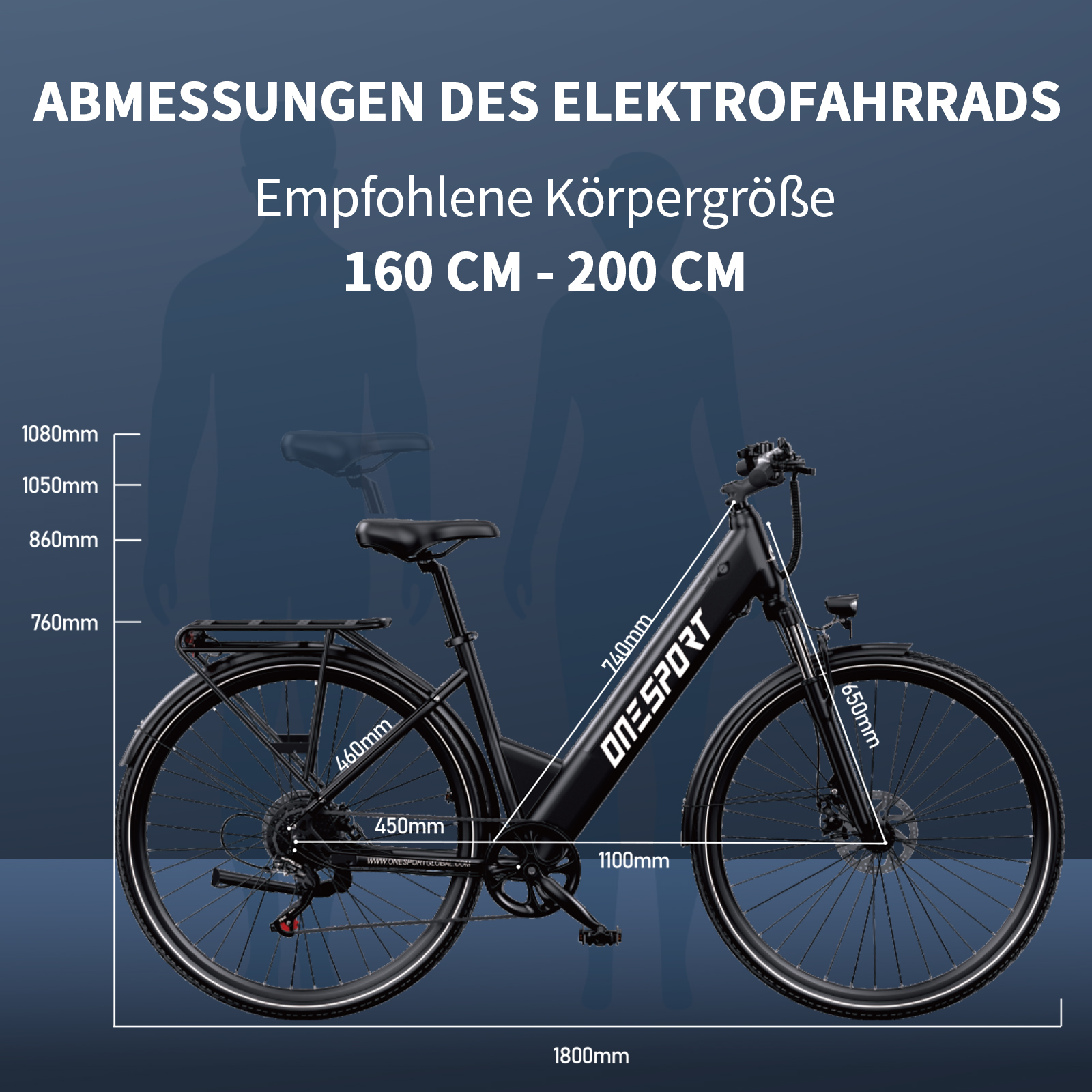 Schwarz E-Bike mit Maßen: 1800mm Länge, 740mm Rahmenhöhe. Empfohlen für Körpergröße 160-200cm.