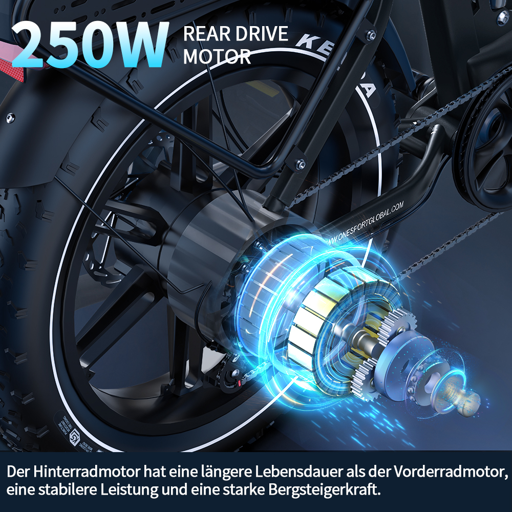 Nahaufnahme des Motors eines E-Bikes mit 250W Heckantrieb.