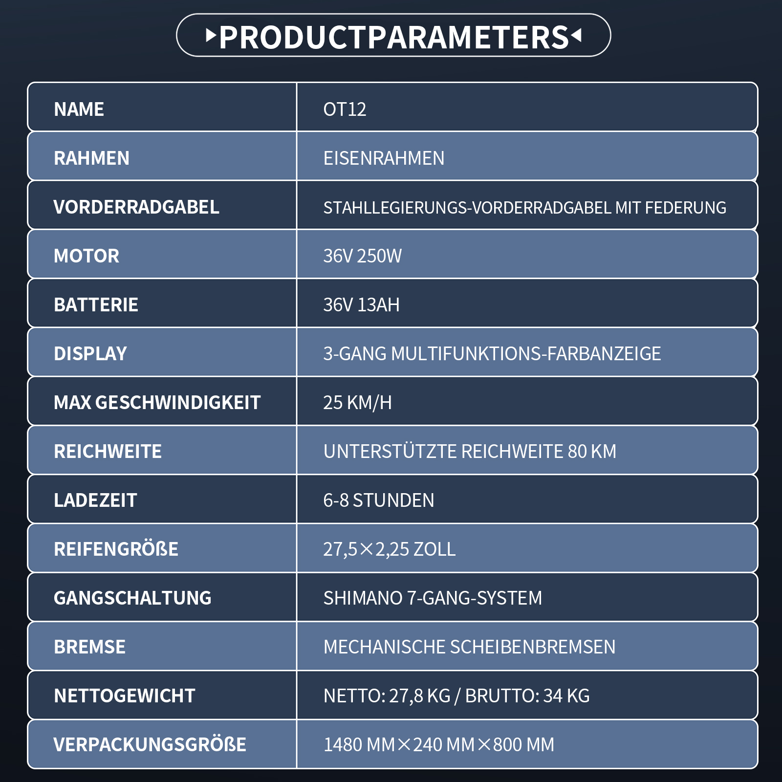 Produktparameter-Tabelle: Name OT12, Eisenrahmen, Federgabel, 250W Motor, 13AH Batterie.