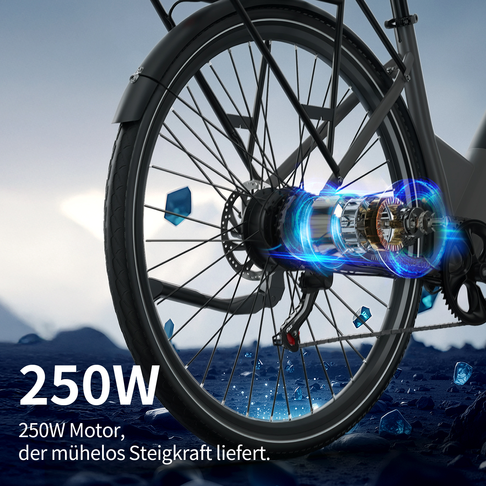 Nahaufnahme eines Fahrradmotors mit blauen Energielinien, 250W-Text.