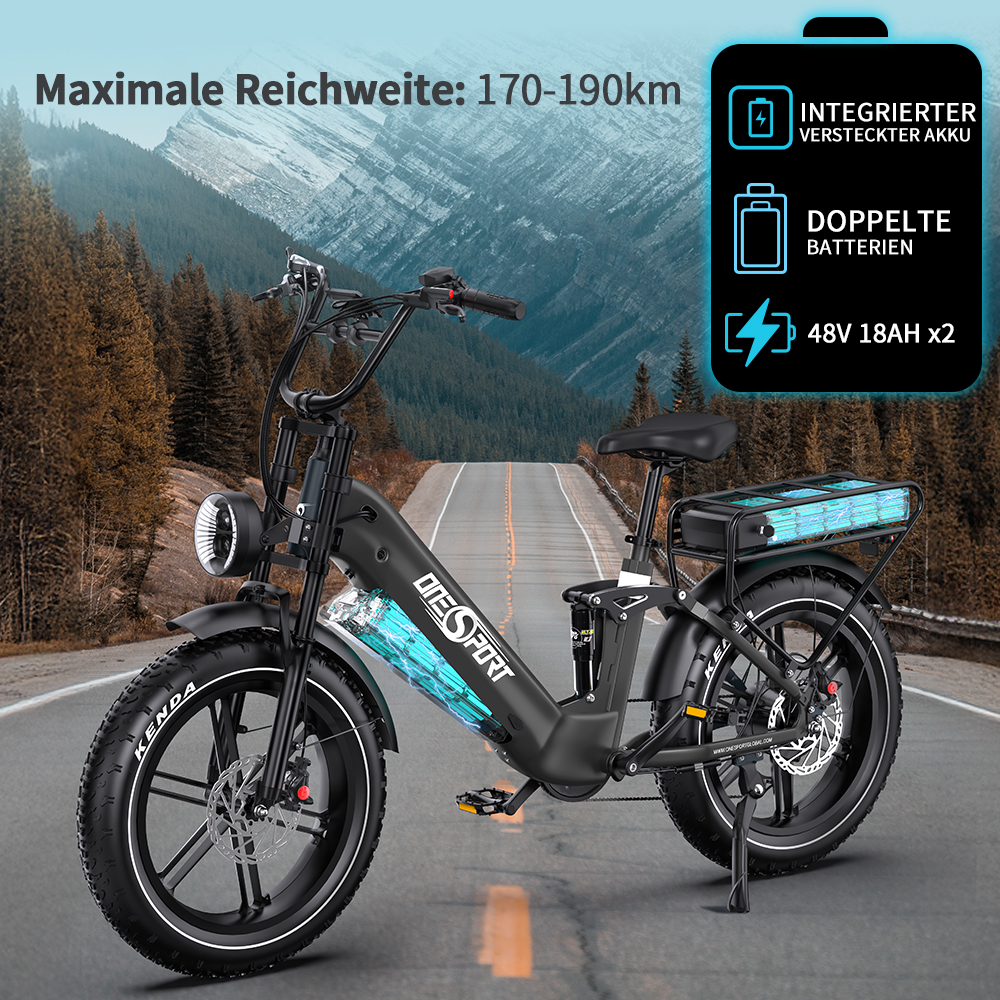Schwarzes E-Bike auf einer Straße mit Bergkulisse. Es hat zwei Batterien.