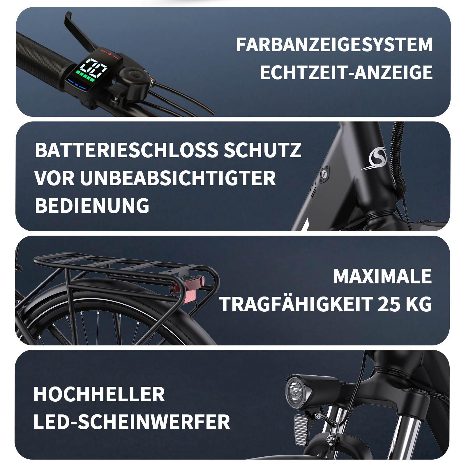 Fahrrad-Display, Batterie-Schloss, Gepäckträger, Scheinwerfer.