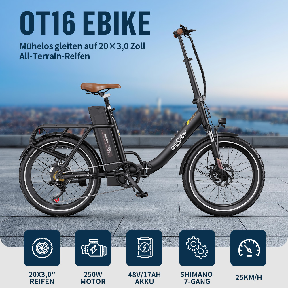 Schwarzes OT16 E-Bike mit braunem Sattel, Gepäckträger und 20x3.0 All-Terrain-Reifen.