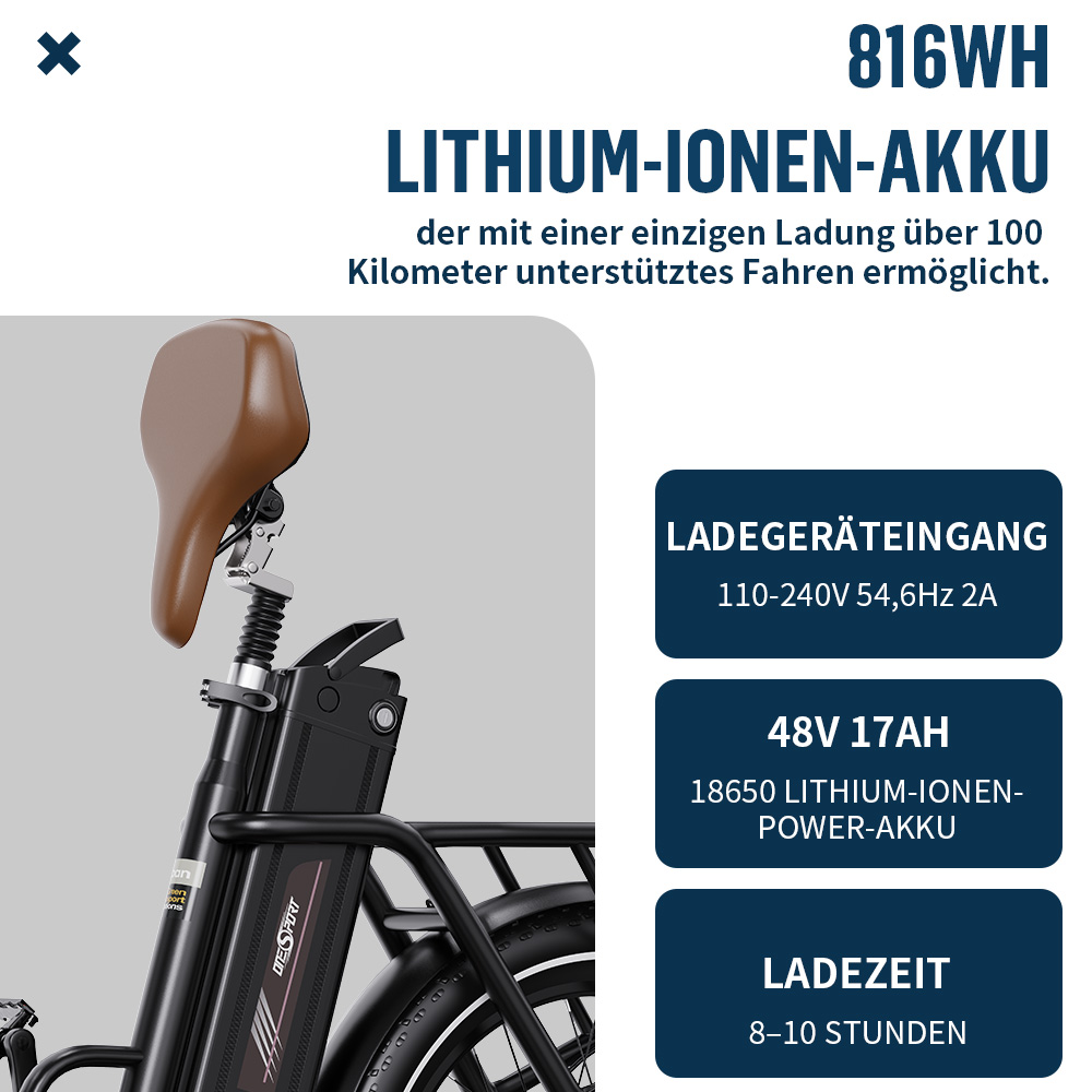 E-Bike Akku: 816WH Lithium-Ionen, 48V 17AH. Ladezeit 8-10 Std.