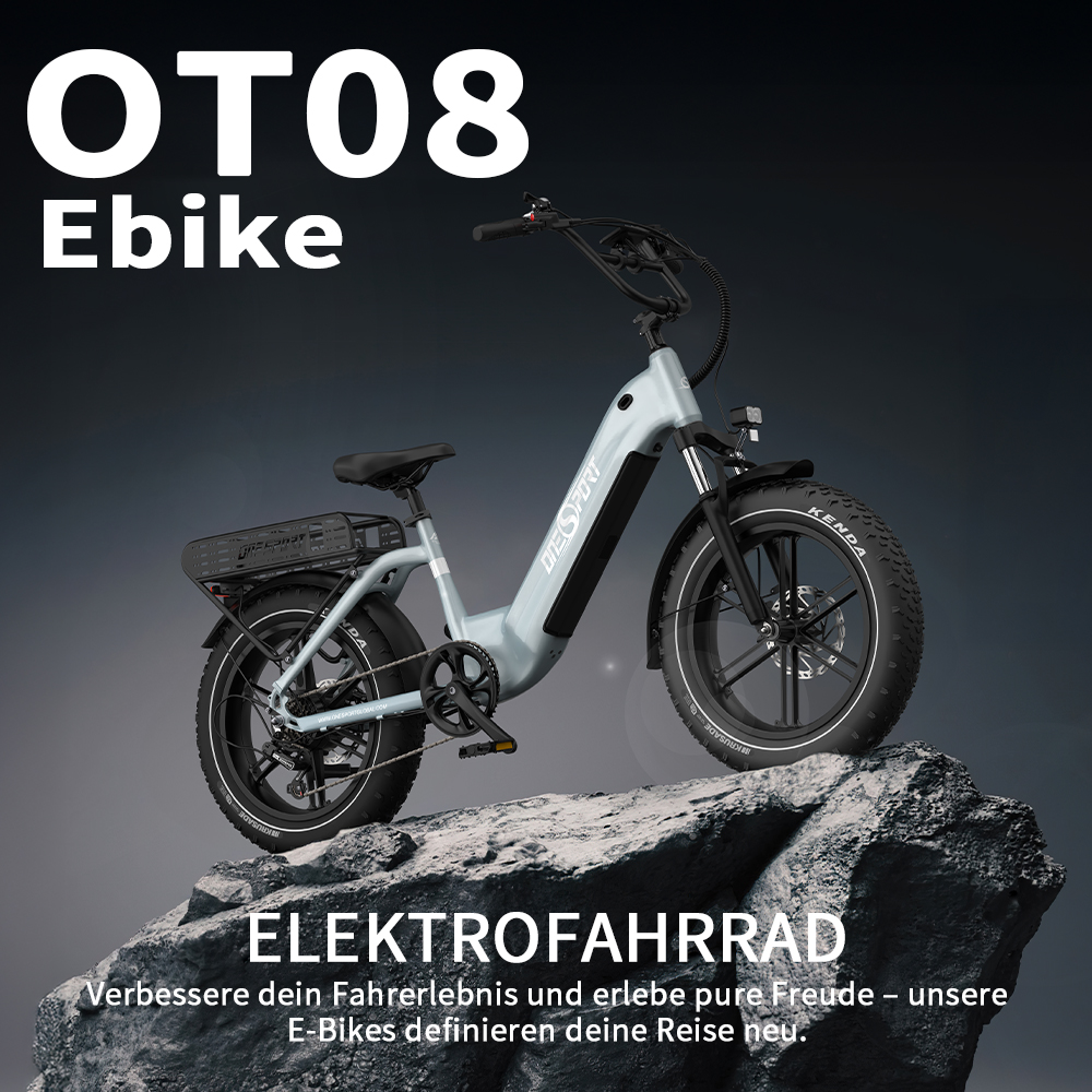 Una e-bike OT08 azzurra è su rocce, con testo 'ELEKTROFAHRRAD'.