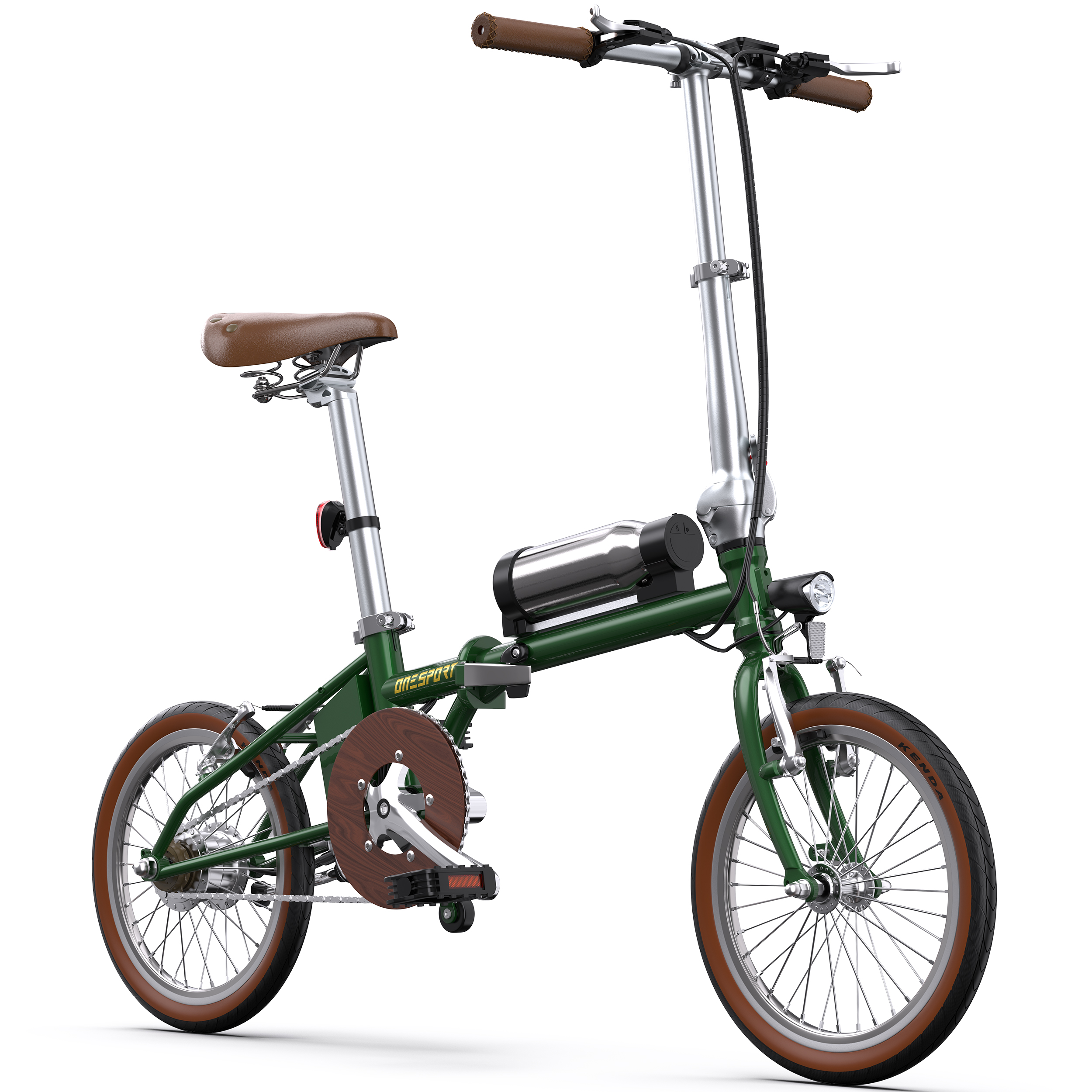 Ein grünes faltbares Elektrofahrrad mit braunen Griffen und Sattel.