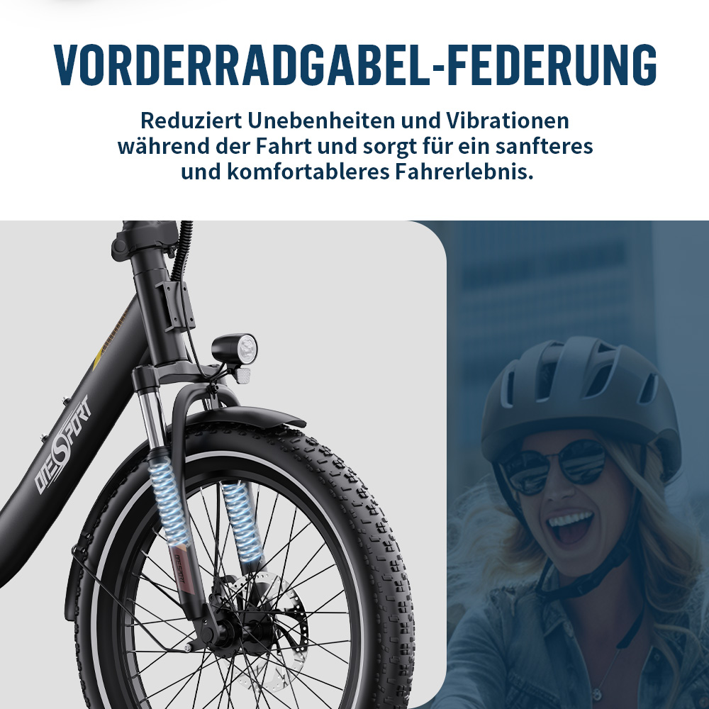 Schwarzes Fahrrad mit Federgabel, vorne rechts lachende Frau mit Helm.