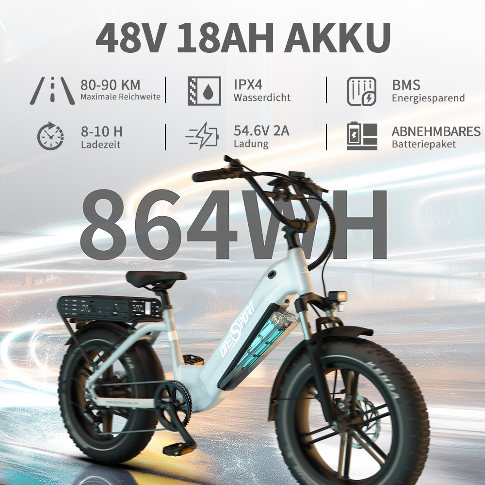 E-bike bianca con batteria 864Wh, 48V 18Ah, autonomia 80-90km, IPX4, 8-10h carica.