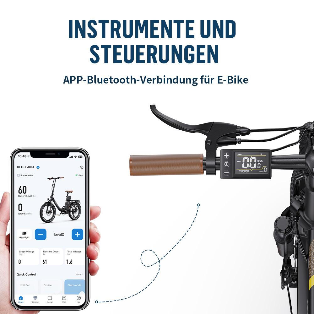 E-Bike-App auf Smartphone und Lenkerdisplay mit Bedienelementen.