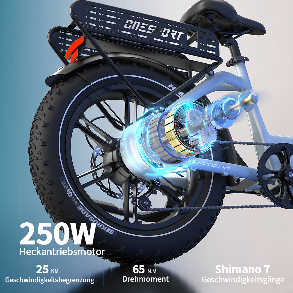 Primo piano del motore del mozzo posteriore di una e-bike, con 250W di potenza, limite 25 km/h, 65 Nm di coppia.