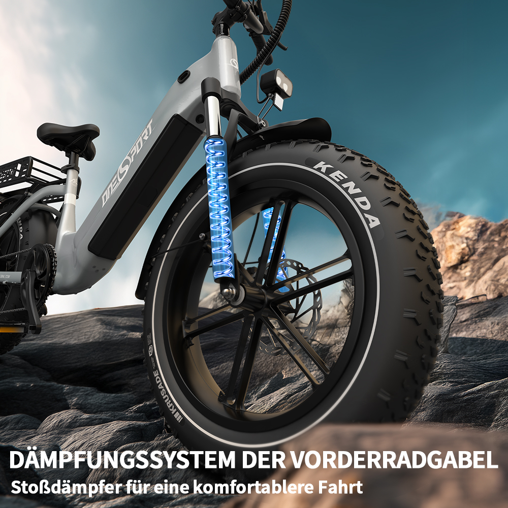 E-bike grigia con forcella anteriore illuminata di blu, su rocce.