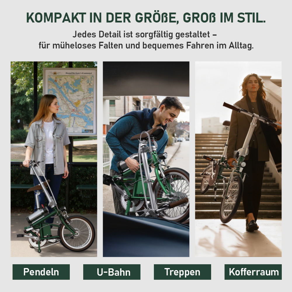Drei Szenen zeigen ein Klapprad: Pendeln, U-Bahn, Treppen, Kofferraum.