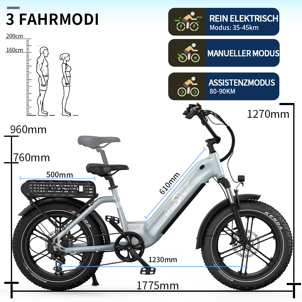 Silbernes E-Bike mit Maßen und drei Fahrmodi: elektrisch, manuell, Assistenz.