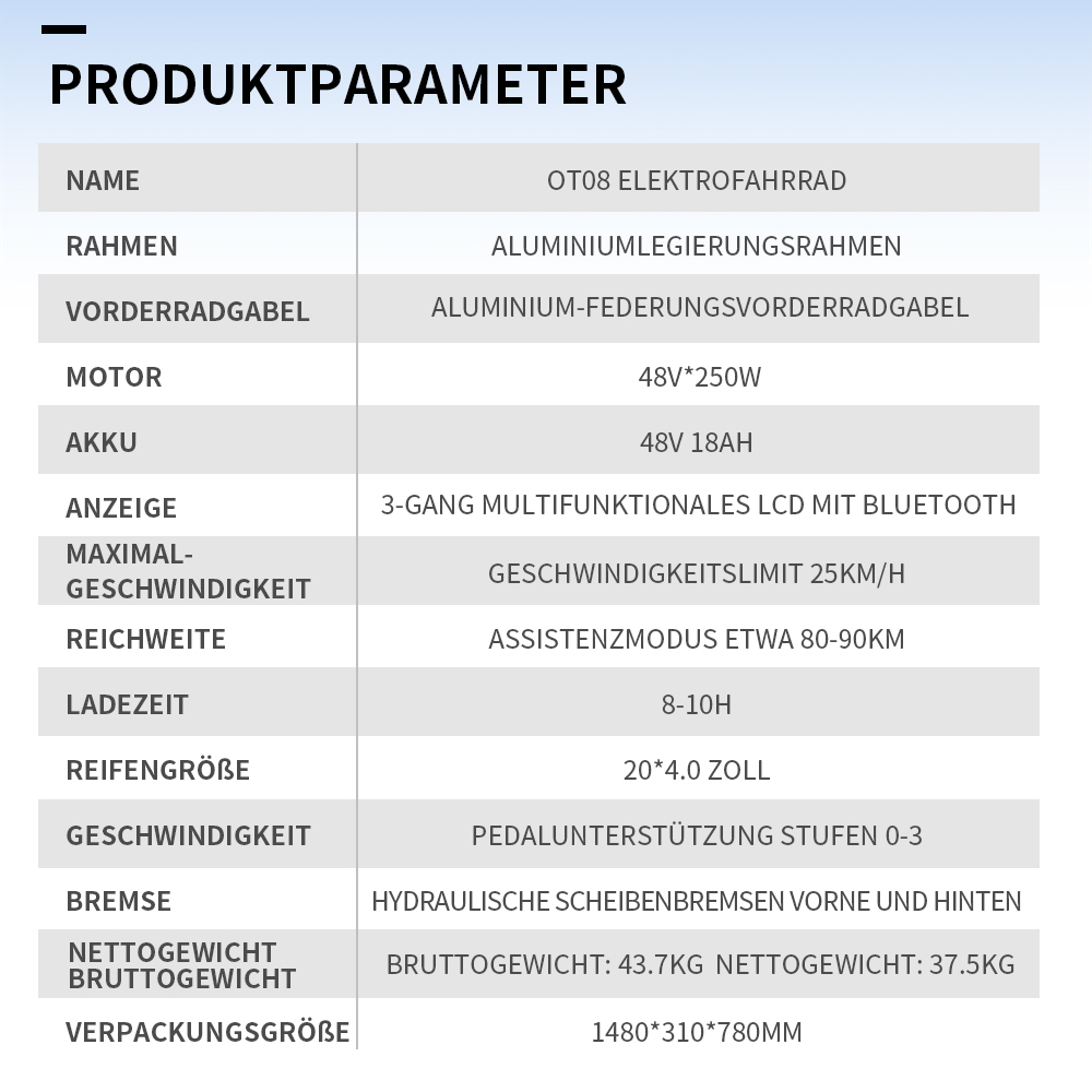 Produktspezifikationen für OT08 Elektrofahrrad: Aluminiumrahmen, 48V 250W Motor, 48V 18AH Akku.
