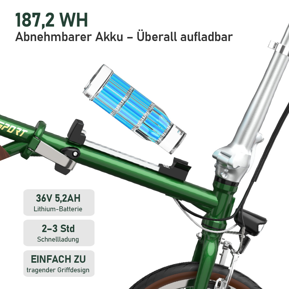Grünes Fahrrad mit abnehmbarem Akku und Textanzeigen.
