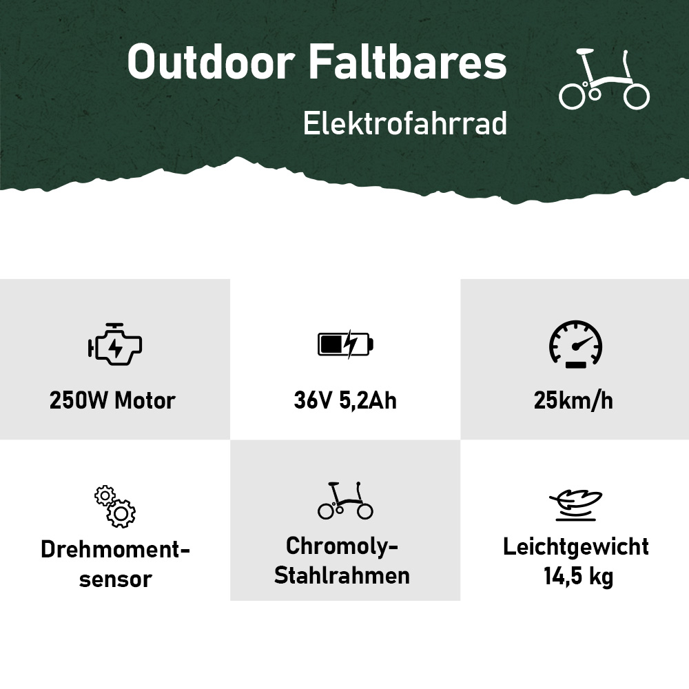 Übersicht über faltbares Elektrofahrrad: 250W Motor, 36V 5,2Ah Akku, 25km/h.