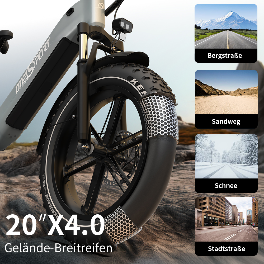 Primo piano di una e-bike con pneumatico largo e testo "Pneumatici fuoristrada 20" X4.0".