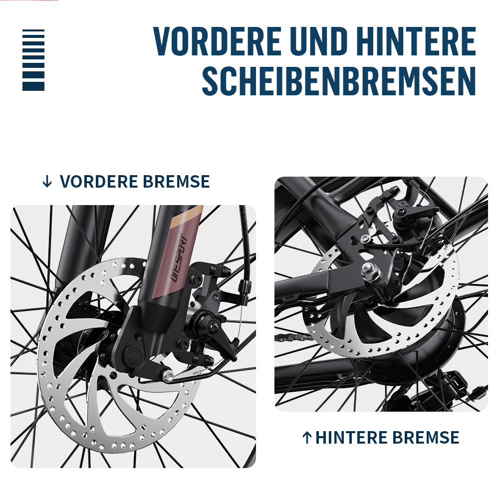 Vorder- und Hinterradbremsen eines Fahrrads, mit Scheibenbremsen.
