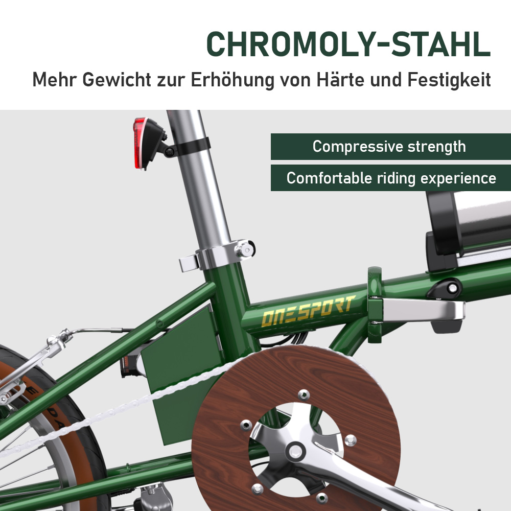 Grünes Fahrrad mit "ONESPORT" Schriftzug, Chromoly-Stahlrahmen.