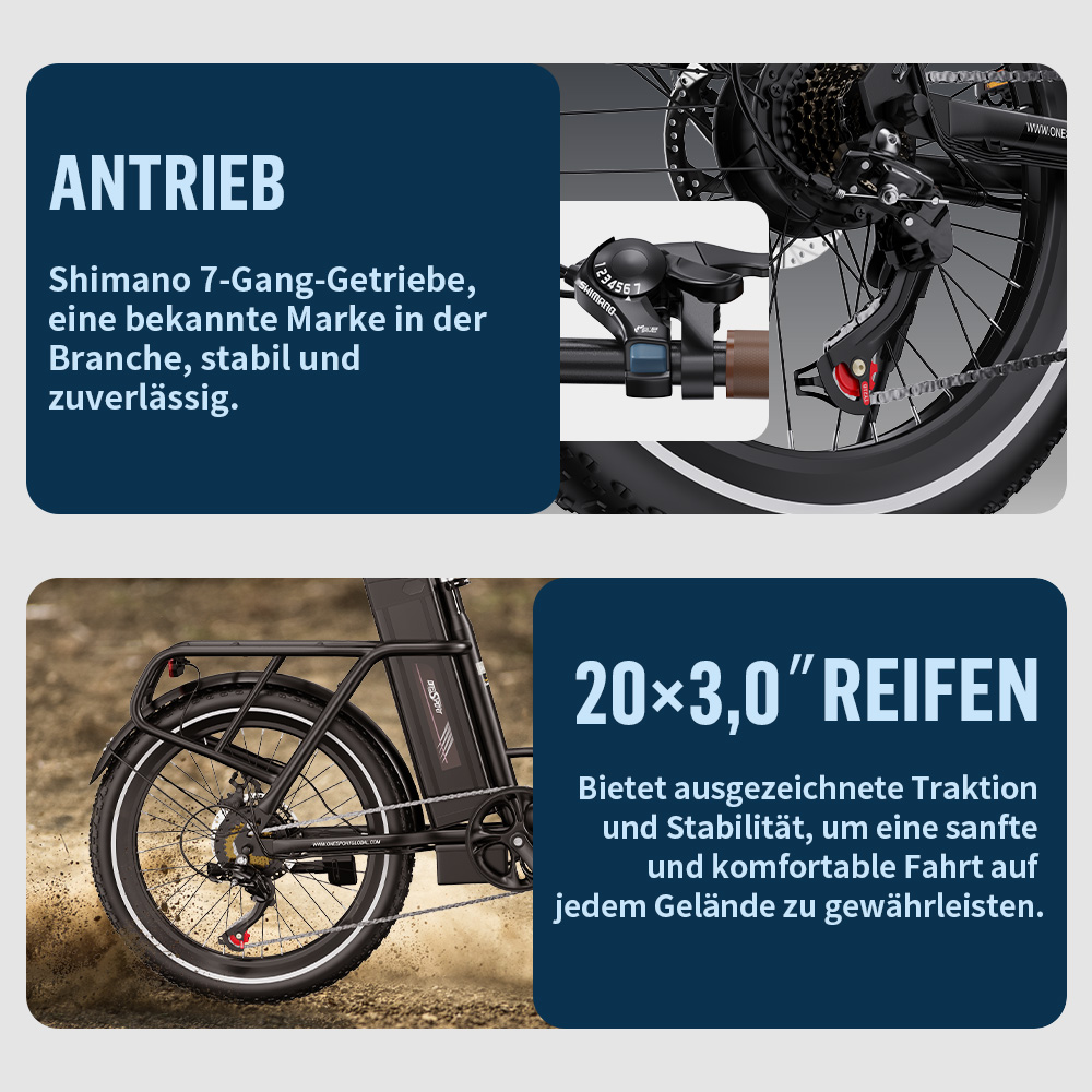 Shimano 7-Gang-Antrieb und 20x3,0 Zoll Reifen für E-Bikes.