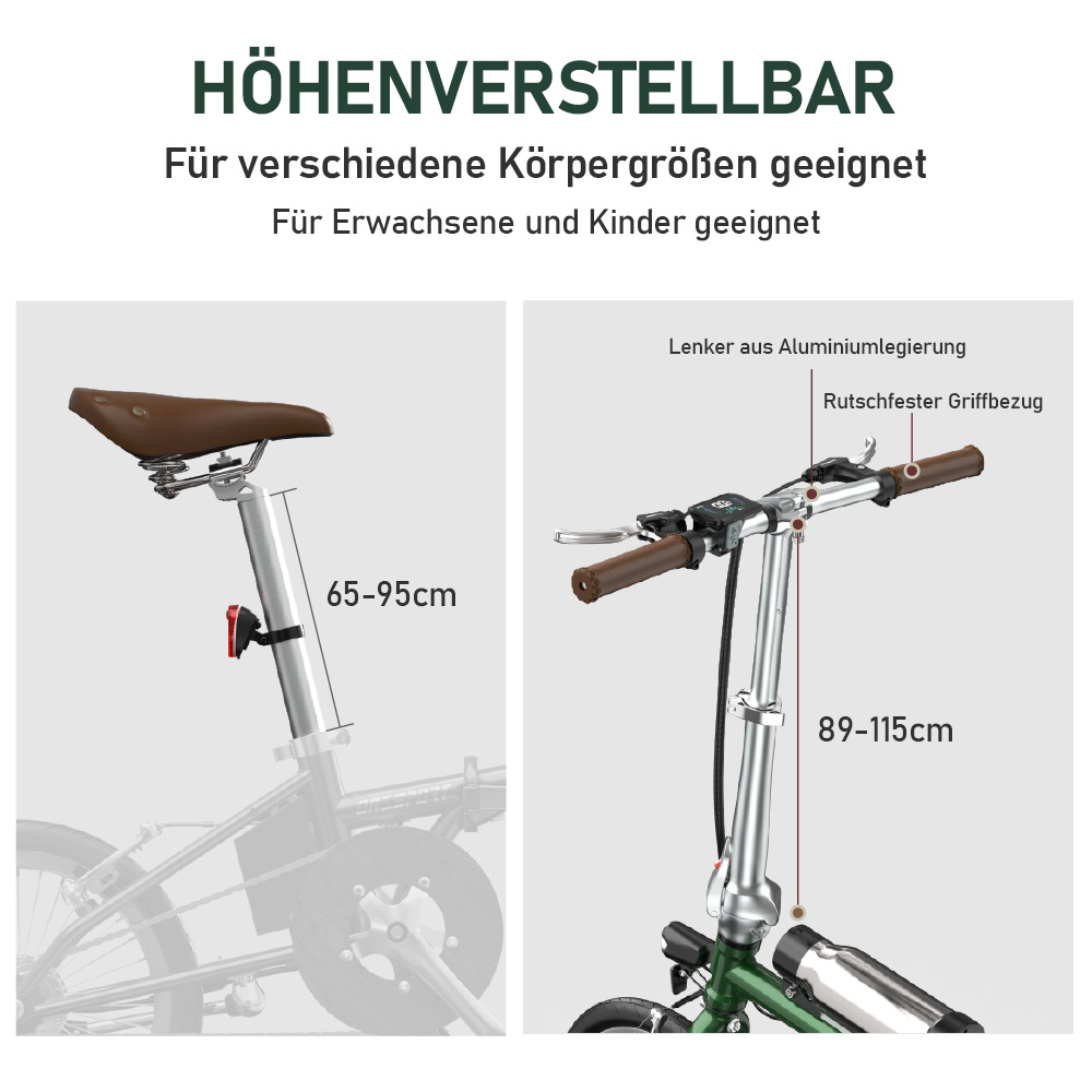 Verstellbare Fahrradhöhe: Sitz 65-95cm, Lenker 89-115cm.