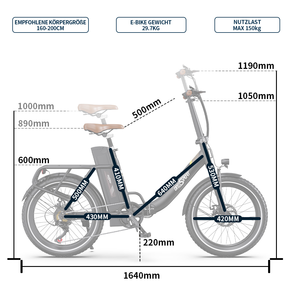 Ein E-Bike mit Maßen: 1640mm Länge, 1190mm Höhe. 29.7kg Gewicht.