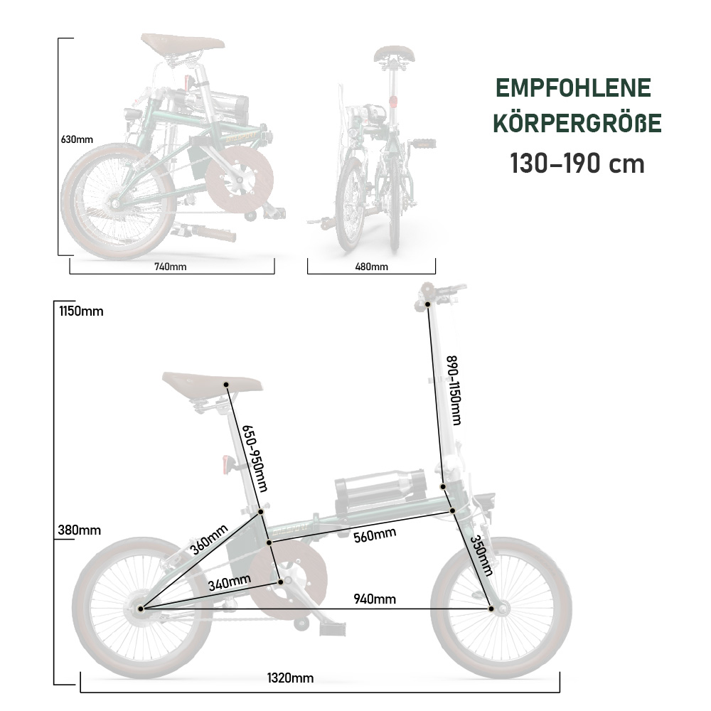 Technische Zeichnung eines grünen Faltrads mit Maßen und Körpergrößenempfehlung.