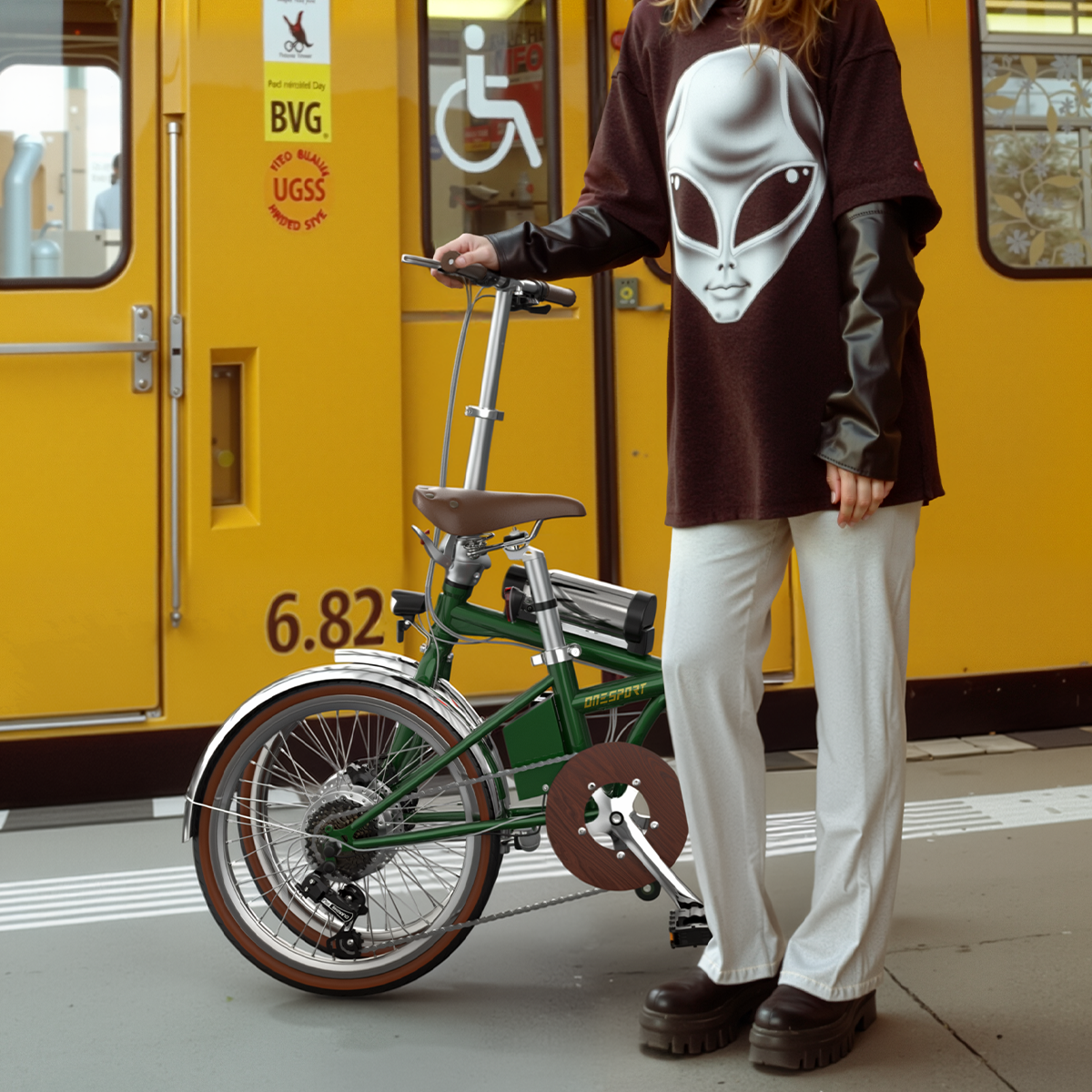 Osoba z rowerem składanym stoi przed żółtym pociągiem z napisem 6.82.