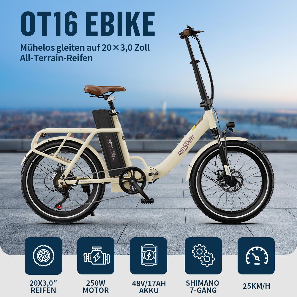Ein cremefarbenes OT16 EBIKE mit 20x3,0 Zoll Reifen steht auf einer Dachterrasse.