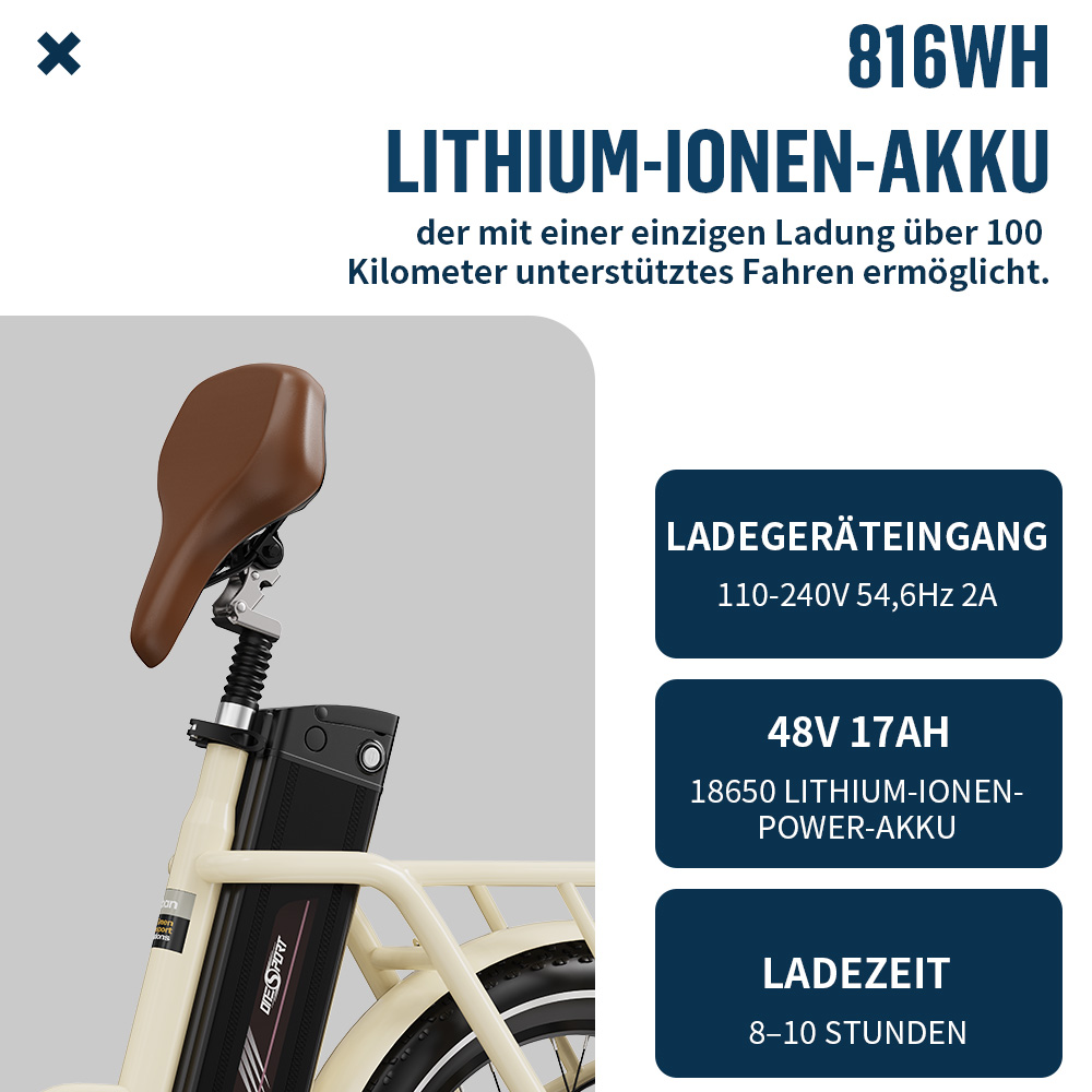 Ein cremefarbener E-Bike-Akku mit braunem Sattel und technischen Daten.