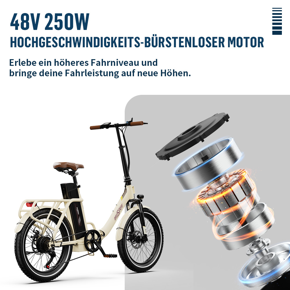 Ein cremefarbener E-Scooter mit explodiertem Motor und Text.