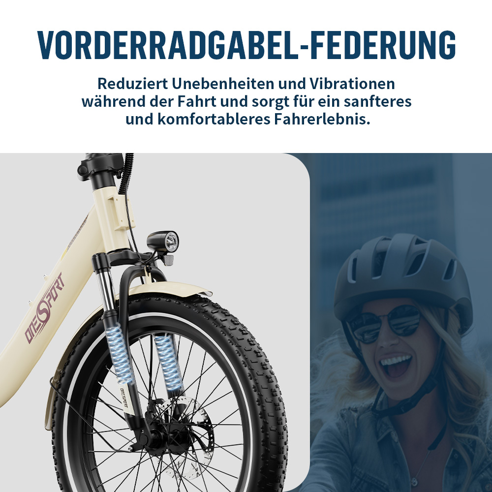 Vordergabel-Federung reduziert Unebenheiten für ein sanfteres Fahrerlebnis.