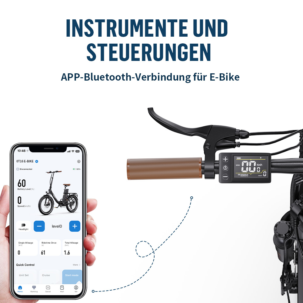 E-Bike-App auf dem Handy und Display am Lenker zeigen Infos.