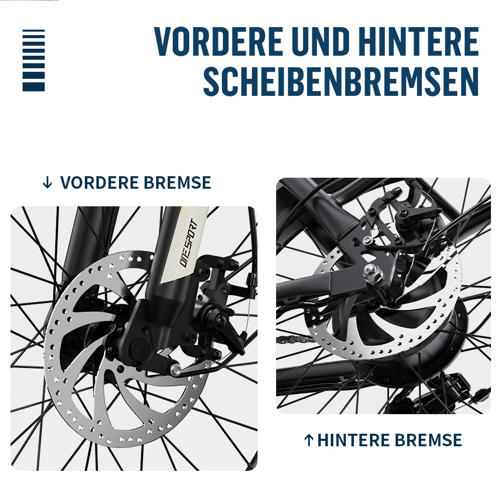 Vordere und hintere Scheibenbremsen eines Fahrrads mit Details.