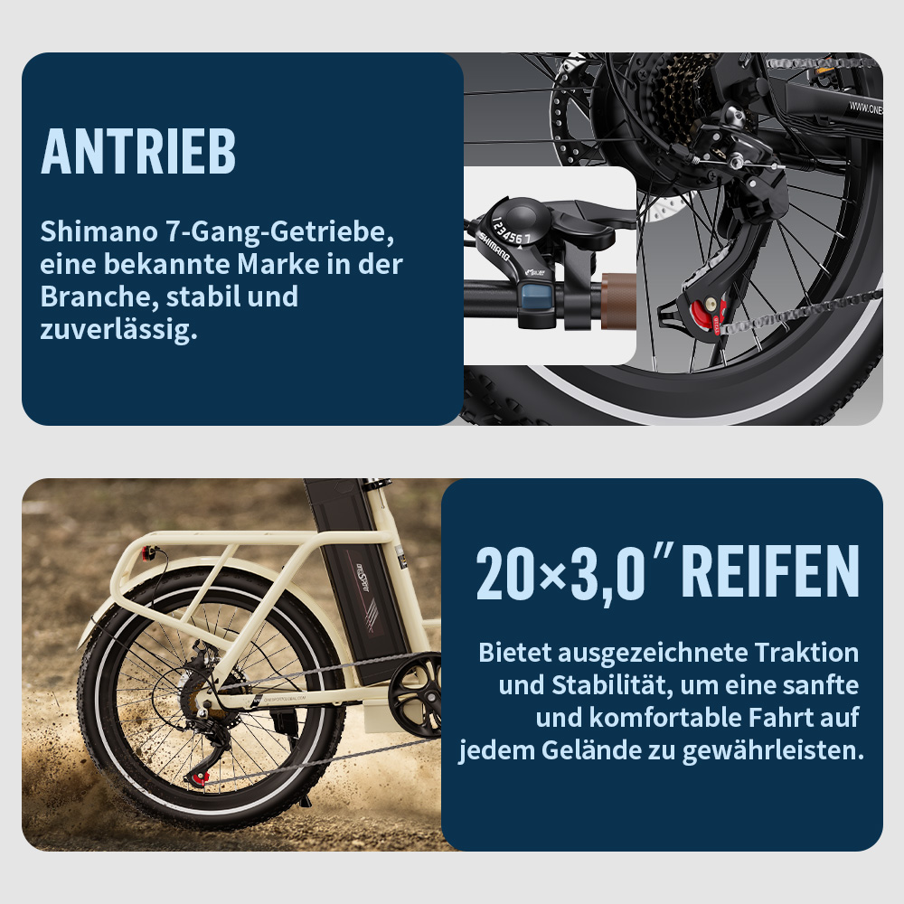 Shimano 7-Gang-Antrieb und 20x3,0 Zoll Reifen für Traktion.