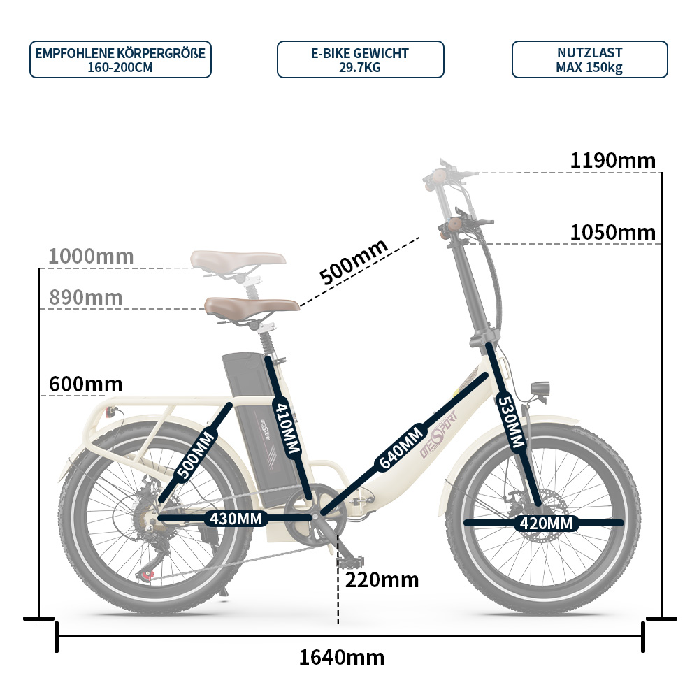 Ein weißes E-Bike mit Maßen: 1640mm Länge, 1190mm Höhe.