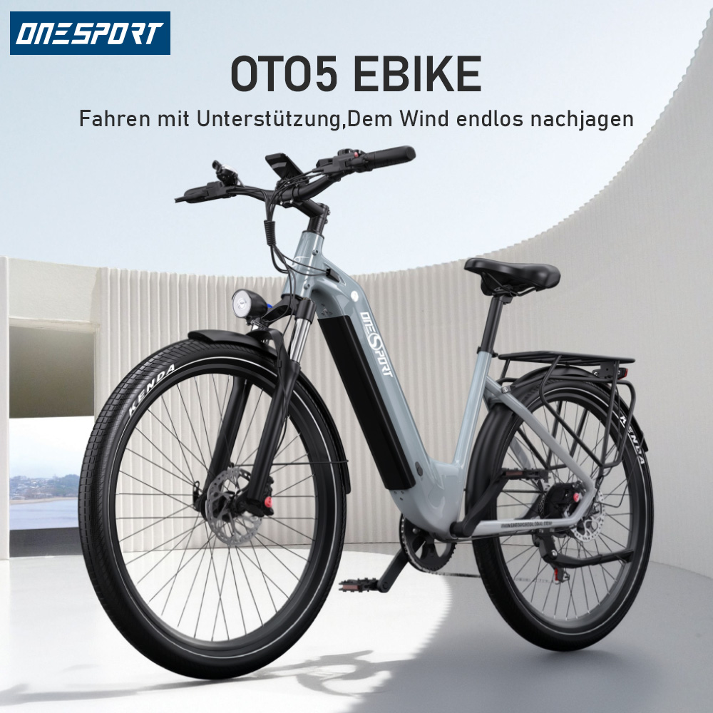 Graues E-Bike mit Gepäckträger und Scheinwerfer, auf weißem Hintergrund.
