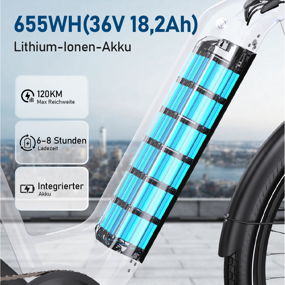 Elektrorad-Akku 655WH, 36V 18,2Ah, Reichweite 120km, Ladezeit 6-8h.
